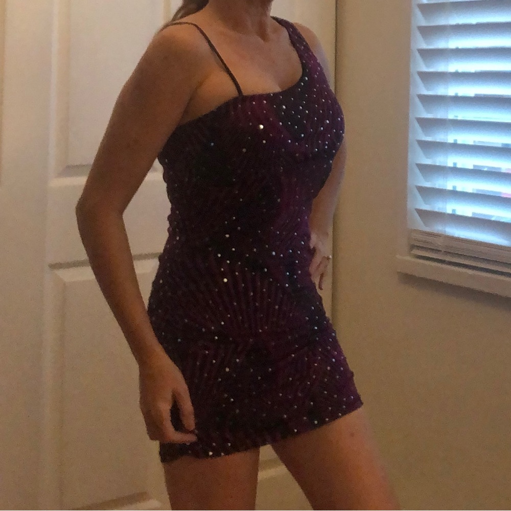 Wet Seal stretchy dress w/shiny dots, one shoulder + spaghetti strap S/M